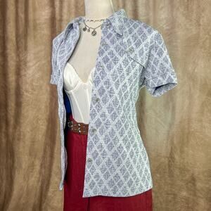 Vintage Western Button Up Shirt 70s Diamond Pattern Blue Polyester Retro Rodeo
